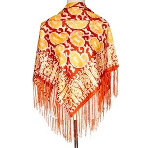 Silk Orange And Yellow Print Fringe Shawl Scarf 40" Square